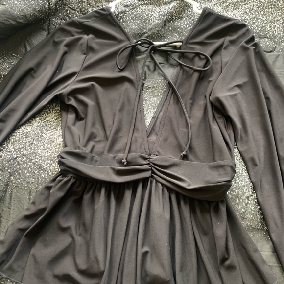 Black long sleeve V neck wrap waste babydoll top - Picture 3 of 5